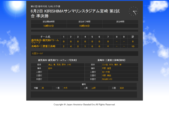 結果 都市対抗野球大会九州地区予選第一代表決定トーナメント準決勝 Vs三菱重工長崎 16年6月2日 木 社会人野球クラブチーム 鹿児島ドリームウェーブ